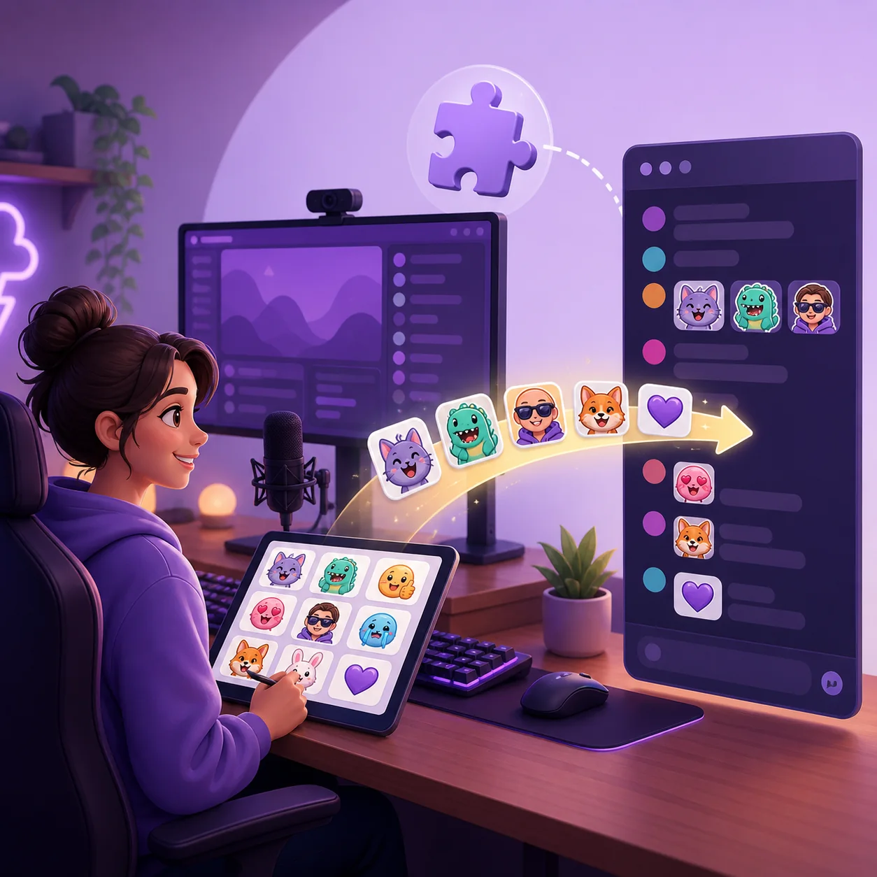 Conceptual illustration of a streamer moving custom 7TV emotes from a browser extension into Twitch chat