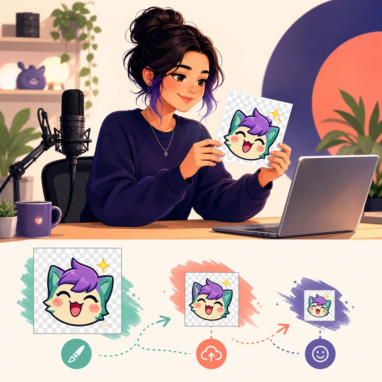Illustration of a creator preparing and uploading a transparent Twitch emote