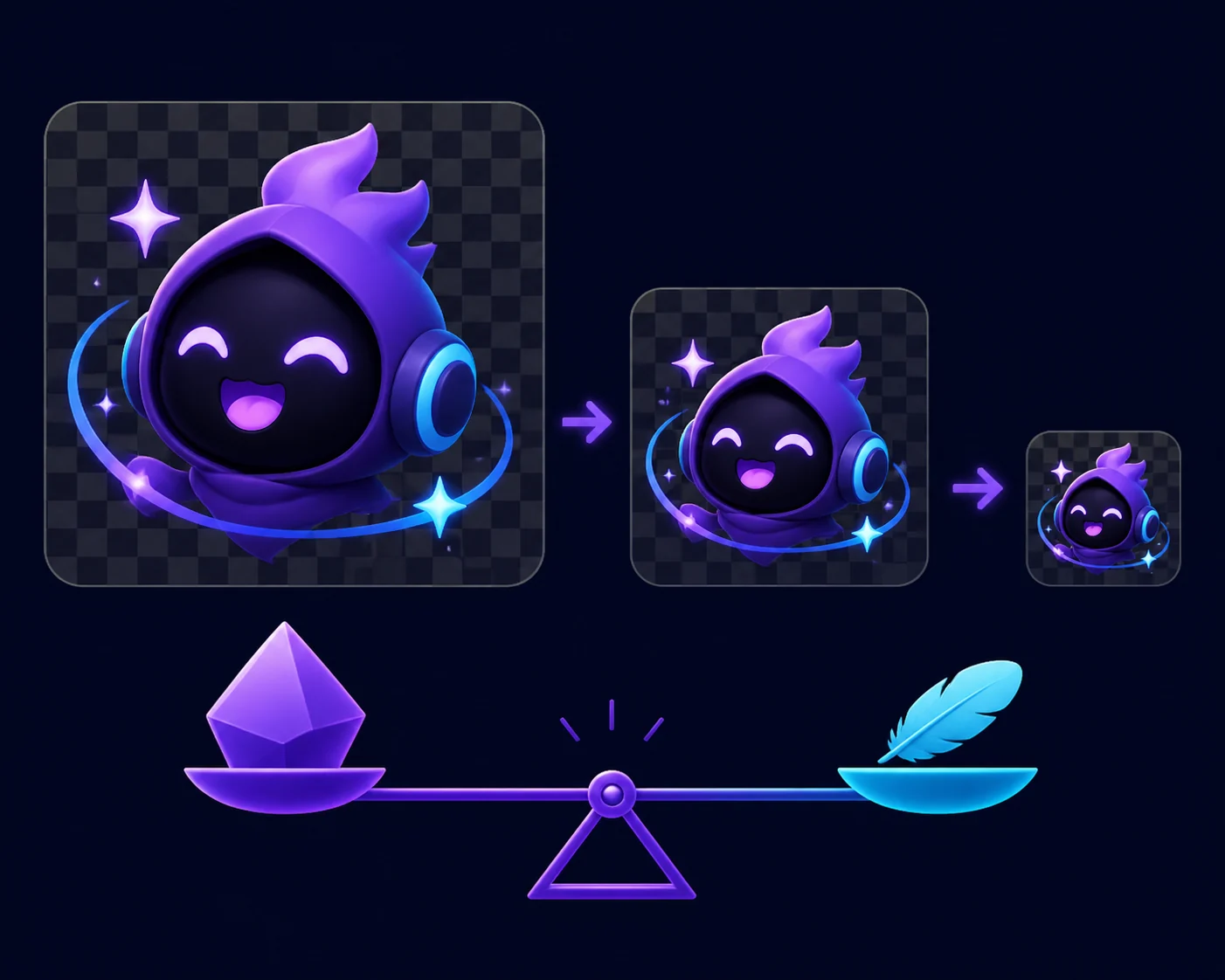 Animated mascot artwork shown at large, medium, and tiny transparent export sizes