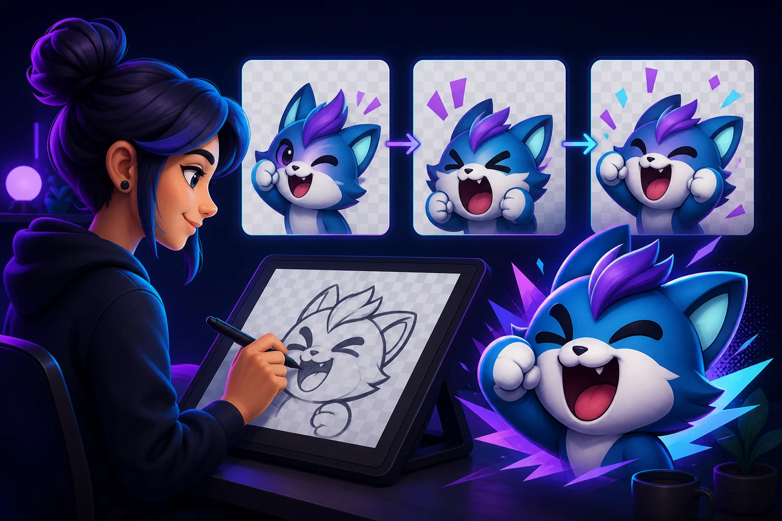 Digital artist building a colorful animated emote from three expressive keyframes