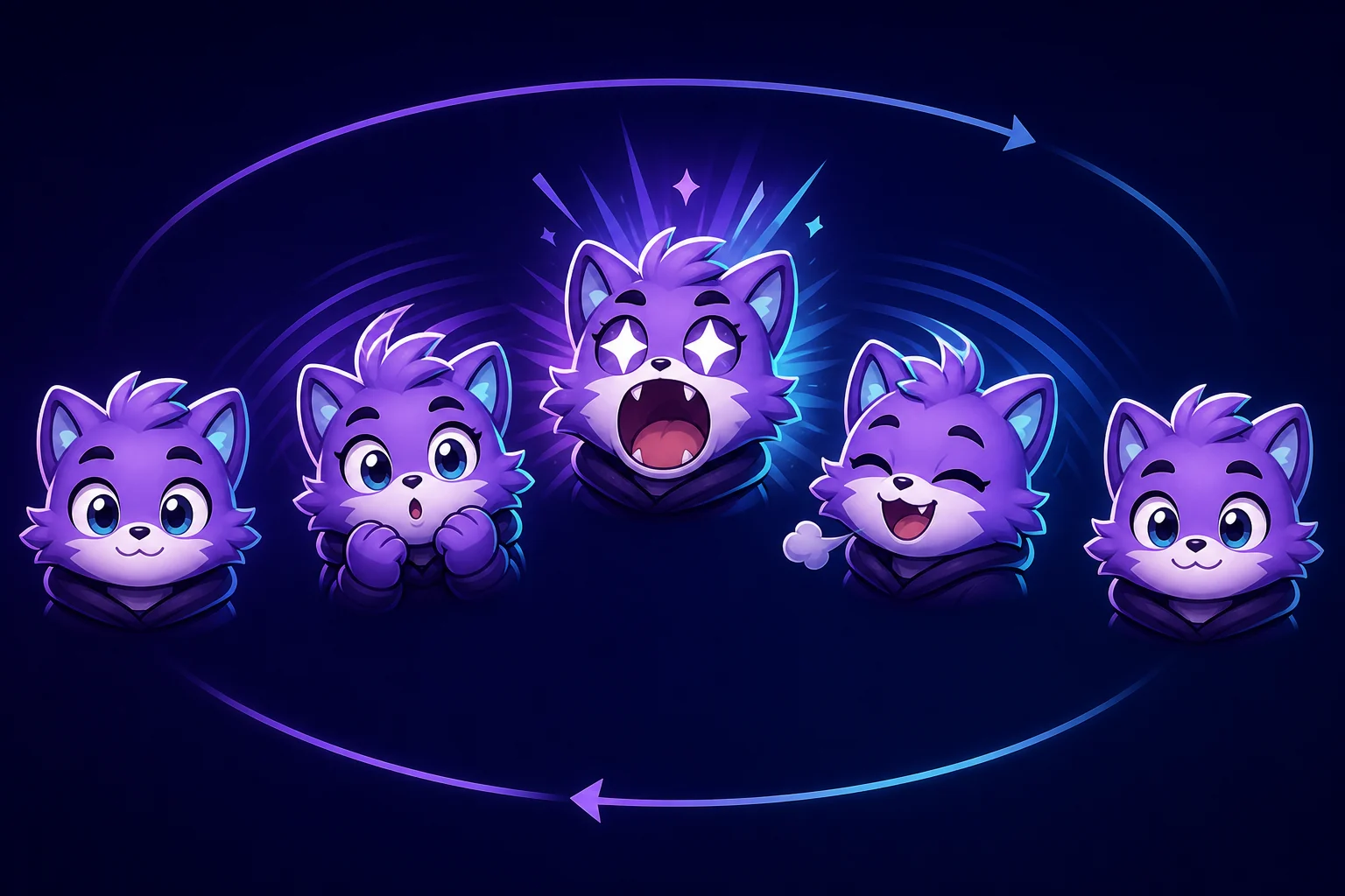 Five expressive mascot poses arranged around a circular loop to explain animation keyframes