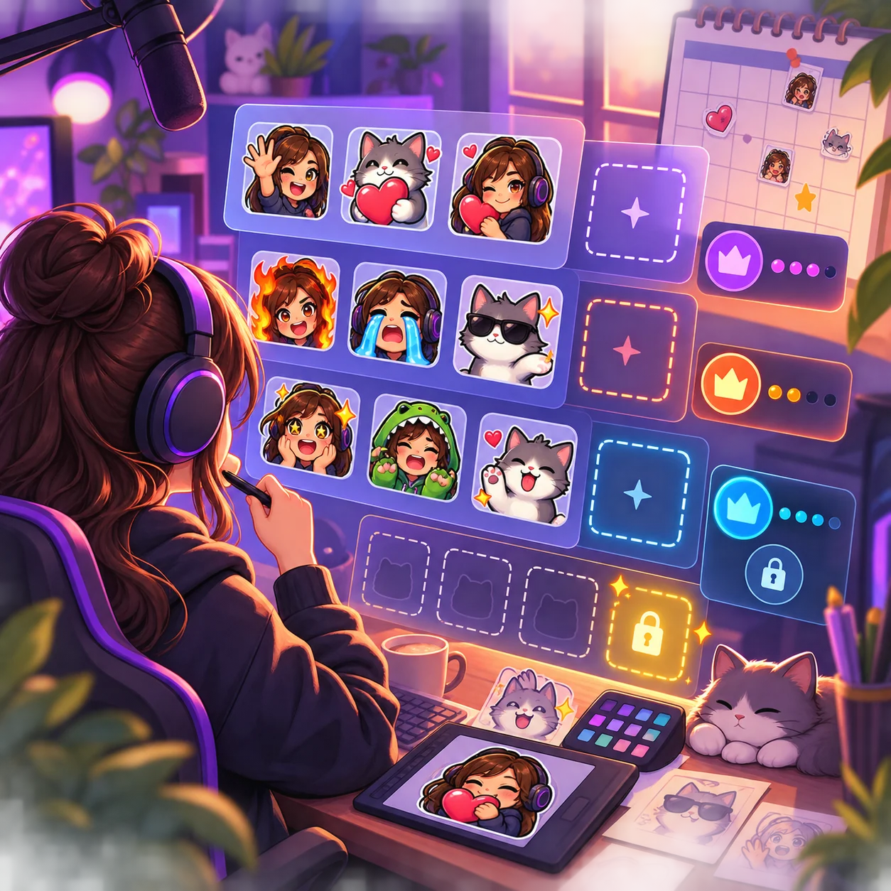 Streamer plant ausdrucksstarke Emotes neben visuellen Slot-Gruppen und Zugangsindikatoren