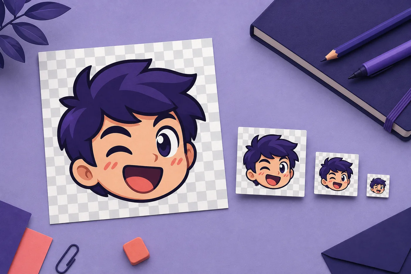 Ilustración de un emote de Twitch en vistas cuadradas grandes, medianas y pequeñas con fondo transparente