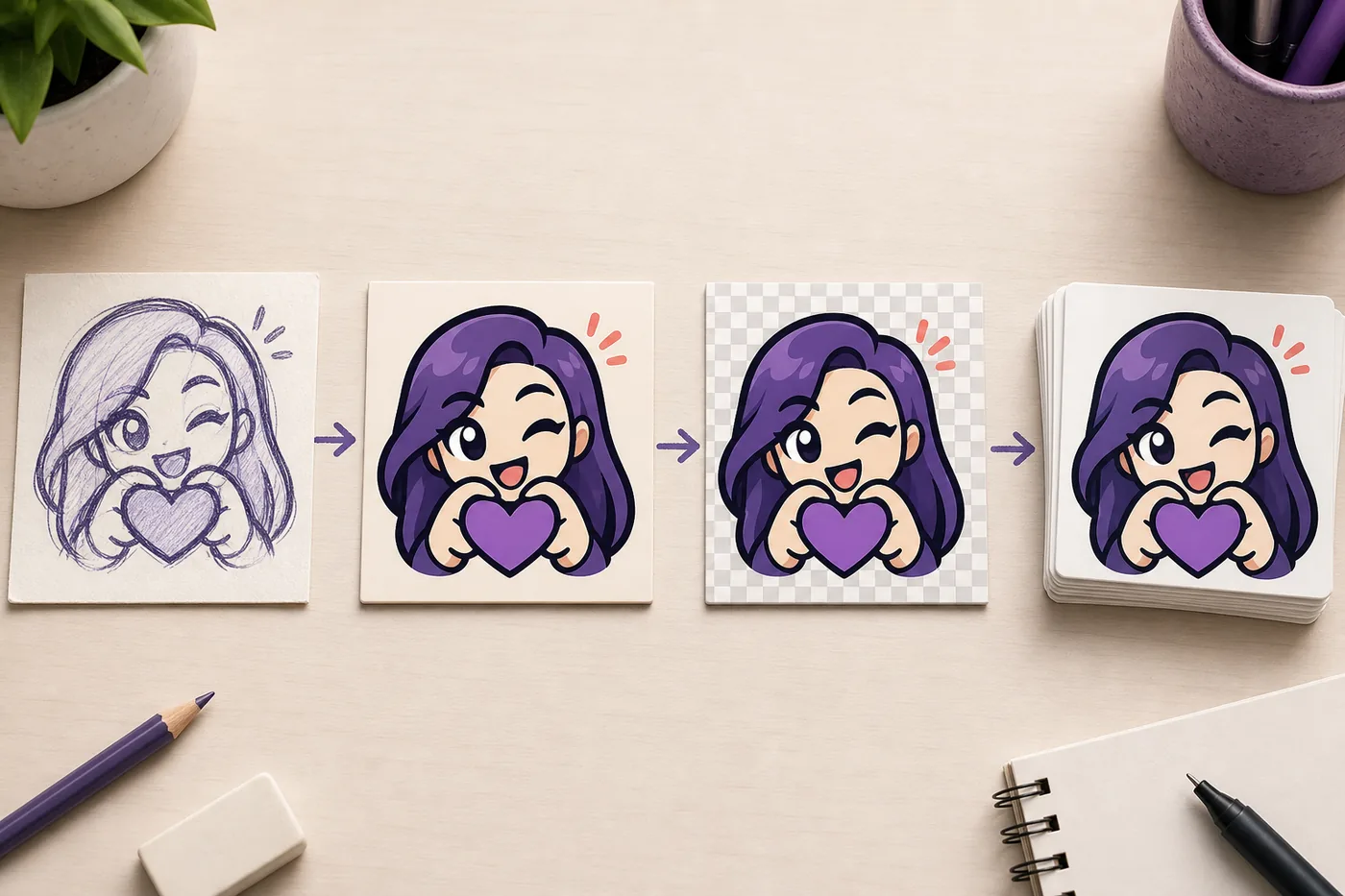 Ilustración editorial de un emote de Twitch que pasa de boceto a arte transparente simplificado y archivos exportados