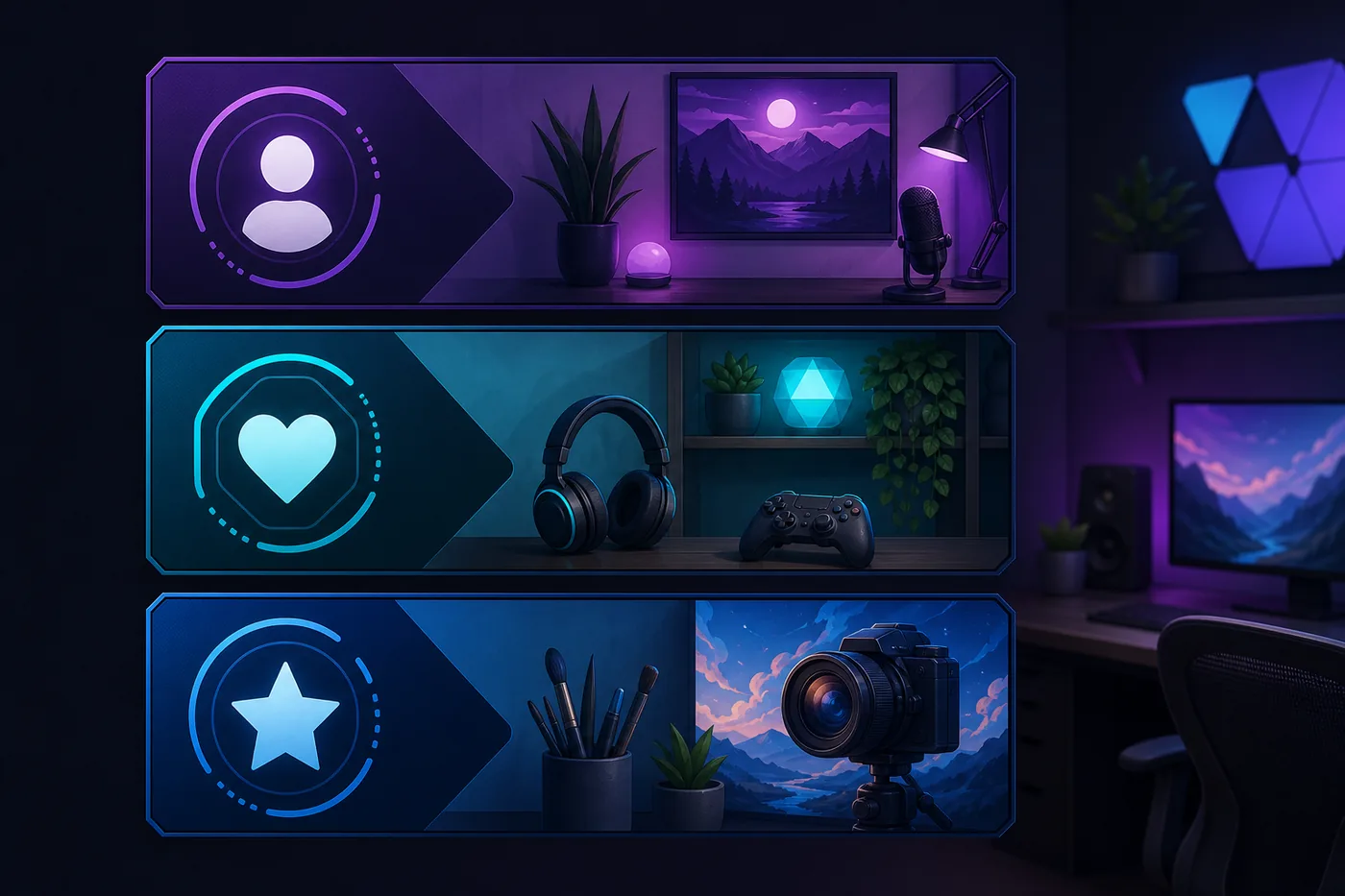 Tres paneles de Twitch coordinados en un espacio de creador